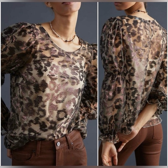 Anthropologie Eva Franco Sheer Puff Sleeve Leopard Print Blouse Size XSP - Picture 7 of 11